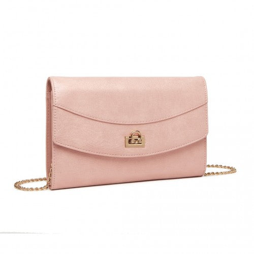 Easy Luggage LP2219 - Miss Lulu Elegant Flap Clutch Leather Chain Evening Bag - Pink