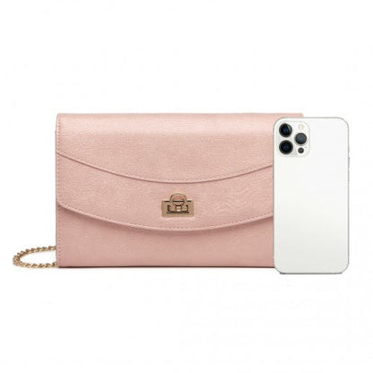 Easy Luggage LP2219 - Miss Lulu Elegant Flap Clutch Leather Chain Evening Bag - Pink