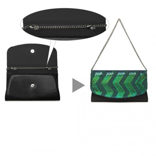 Easy Luggage LP2311 - Miss Lulu Gorgeous Sequins Evening Clutch Bag Chain Shoulder Bag - Black And Green