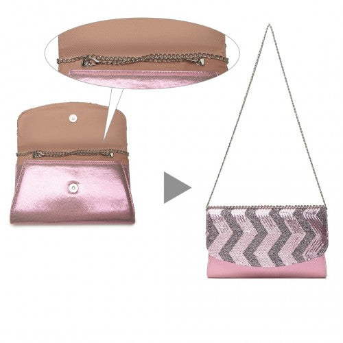 Easy Luggage LP2311 - Miss Lulu Gorgeous Sequins Evening Clutch Bag Chain Shoulder Bag - Pink