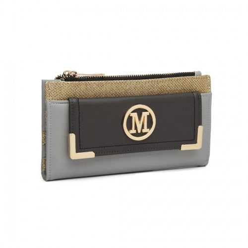 Easy Luggage LP6882-MISS LULU PEBBLED LEATHER LOOK M METAL LOGO LONG PURSE GREY