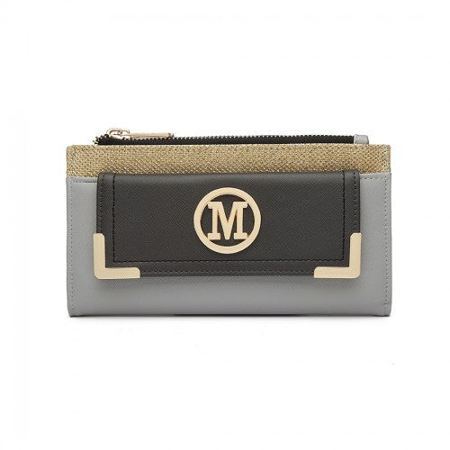 Easy Luggage LP6882-MISS LULU PEBBLED LEATHER LOOK M METAL LOGO LONG PURSE GREY