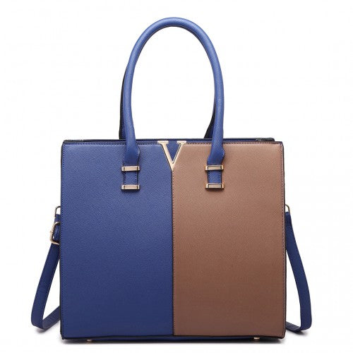 Easy Luggage LT1666 - Miss Lulu Split Front Design Medium Tote Handbag Navy and Brown