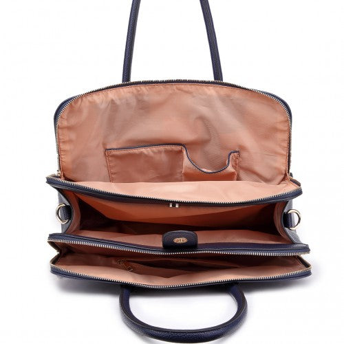 Easy Luggage LT1726 - Miss Lulu Textured PU Leather Medium Size Classic Tote Bag Shoulder Bag Navy
