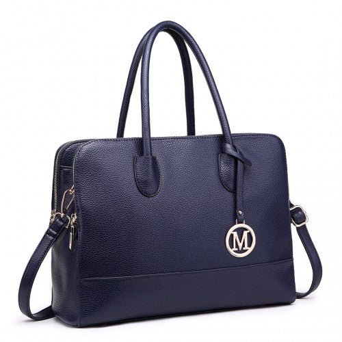 Easy Luggage LT1726 - Miss Lulu Textured PU Leather Medium Size Classic Tote Bag Shoulder Bag Navy