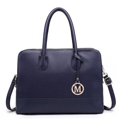 Easy Luggage LT1726 - Miss Lulu Textured PU Leather Medium Size Classic Tote Bag Shoulder Bag Navy