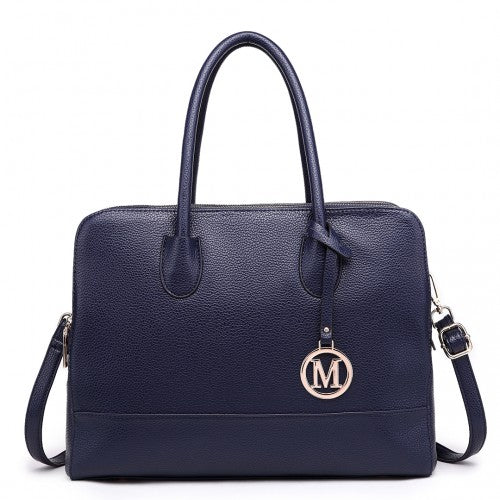 Easy Luggage LT1726 - Miss Lulu Textured PU Leather Medium Size Classic Tote Bag Shoulder Bag Navy