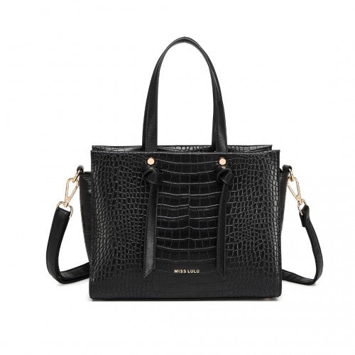 Easy Luggage LT2135 - Miss Lulu Crocodile Pattern Large Capacity Leather Cross-body Handbag - Black