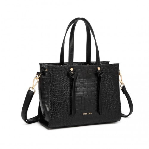 Easy Luggage LT2135 - Miss Lulu Crocodile Pattern Large Capacity Leather Cross-body Handbag - Black