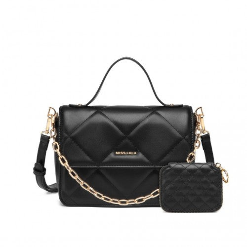 Easy Luggage LT2201 - Miss Lulu Diamond Quilted Leather Chain Shoulder Bag - Black