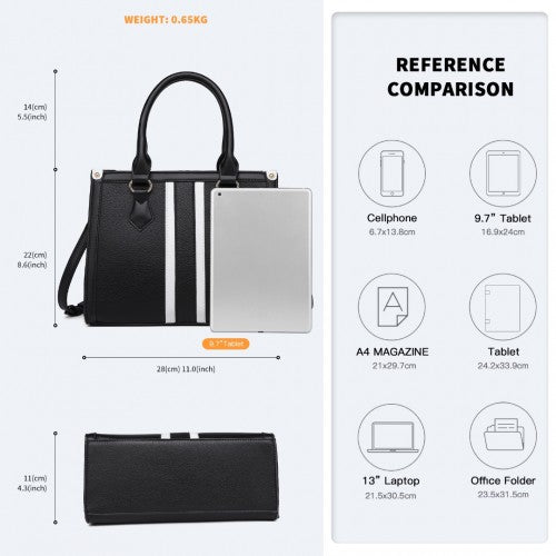 Easy Luggage LT2203 - Miss Lulu White Striped Commuter Elegant Cross body Tote Bag - Black