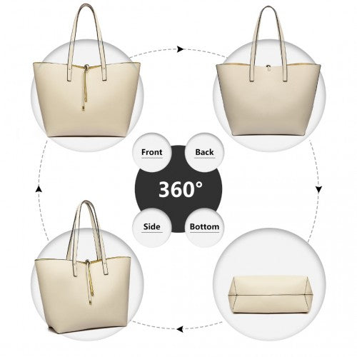 Easy Luggage LT6628-1 - Miss Lulu Women Reversible Contrast Shopper Tote Bag Beige