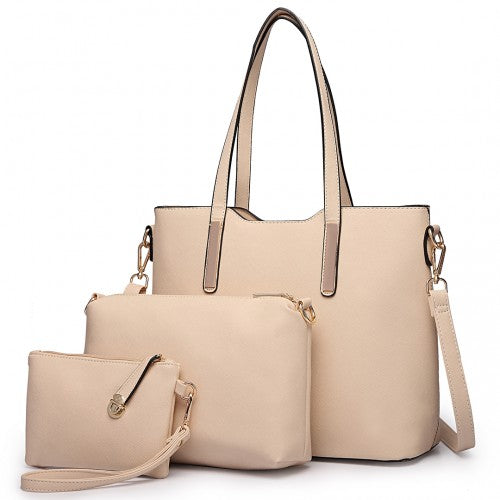 Easy Luggage LT6648 - Miss Lulu Three Piece Tote Shoulder Bag And Clutch - Beige